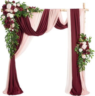 Burgundy Blush Wedding Arch Flowers with Drapes Kit (Pack of 5) - 2pcs Artificial Flower Arrangement with 3pcs Drapes for Ceremony Arch Arbor and Reception Backdrop Decoration