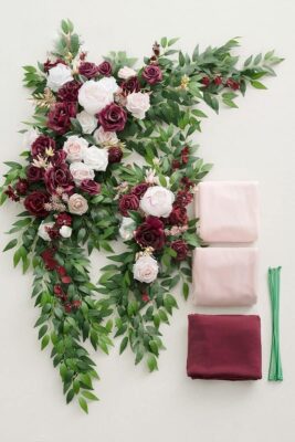 Burgundy Blush Wedding Arch Flowers with Drapes Kit (Pack of 5) - 2pcs Artificial Flower Arrangement with 3pcs Drapes for Ceremony Arch Arbor and Reception Backdrop Decoration3