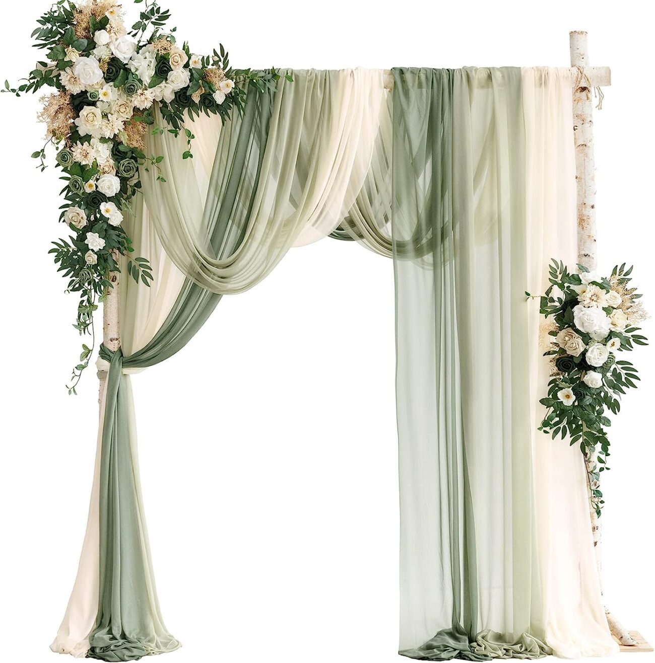 Emerald White Beige Arch Flowers with Drapes Kit (Pack of 5) - 2pcs Artificial Floral Swag with 3pcs 33ft Length Draping Fabric for Wedding Ceremony Backdrop Decor