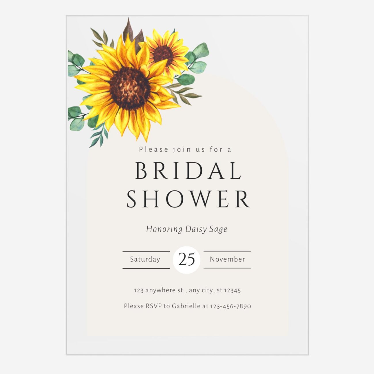 Rustic Sunflower Acrylite Bridal Shower Invitation DSBS012-3