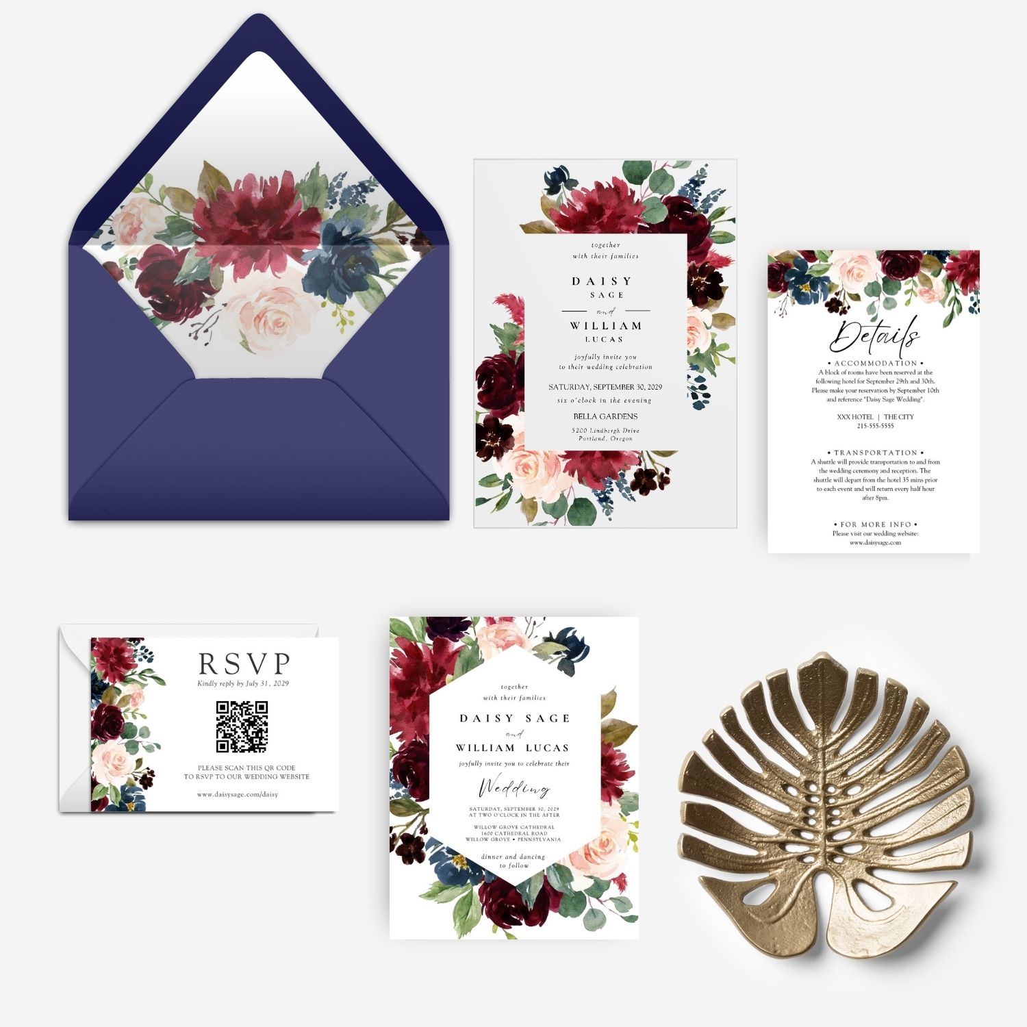 navy and burgundy acrylic wedding invitation set with navy envelope DSIA012