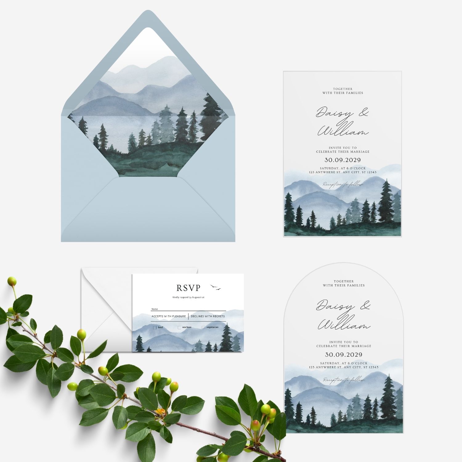 Dusty Blue Mountain Forest Transparent Wedding Invitation DSF007