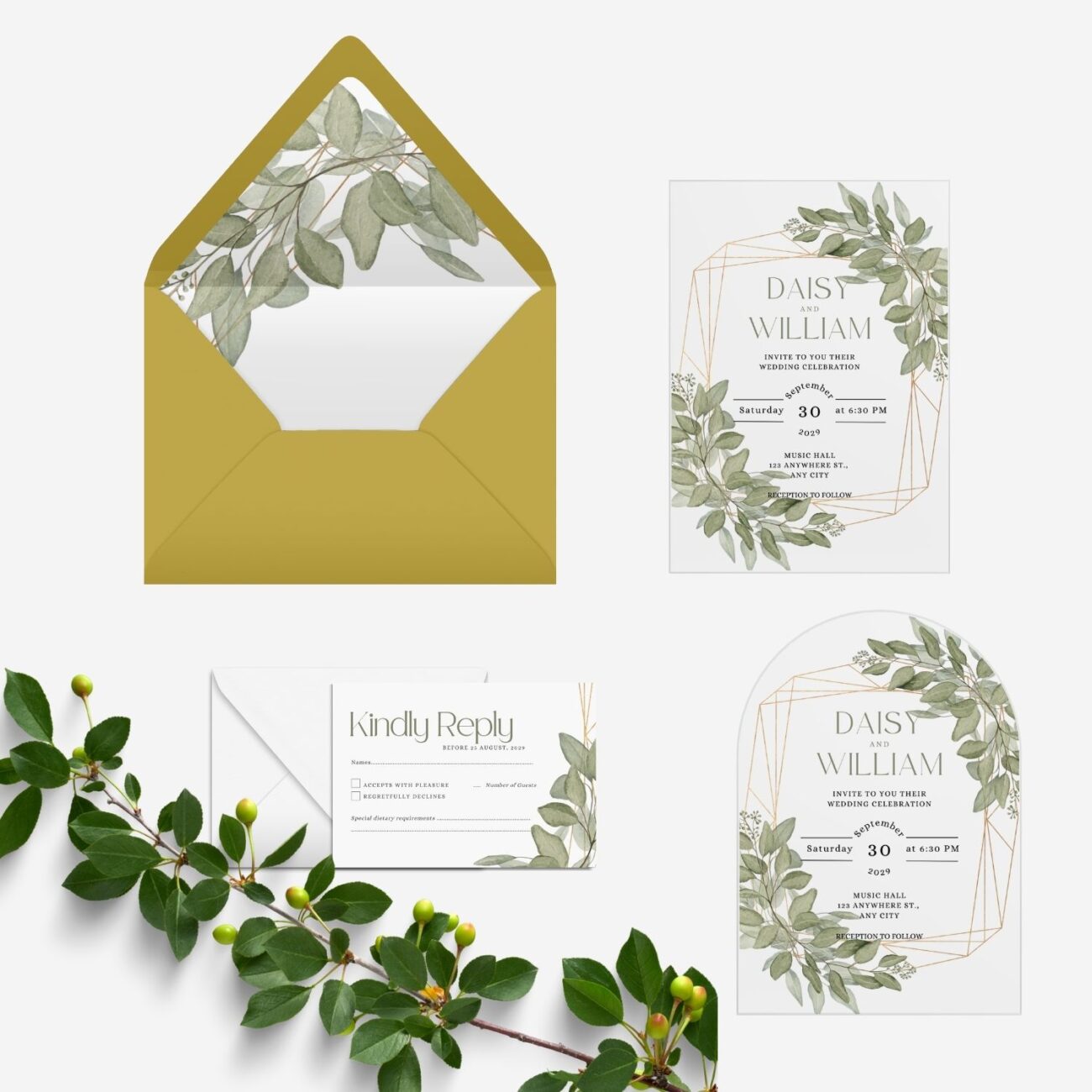 Greenery and Gold Geo Clear Wedding Invitation DSF003