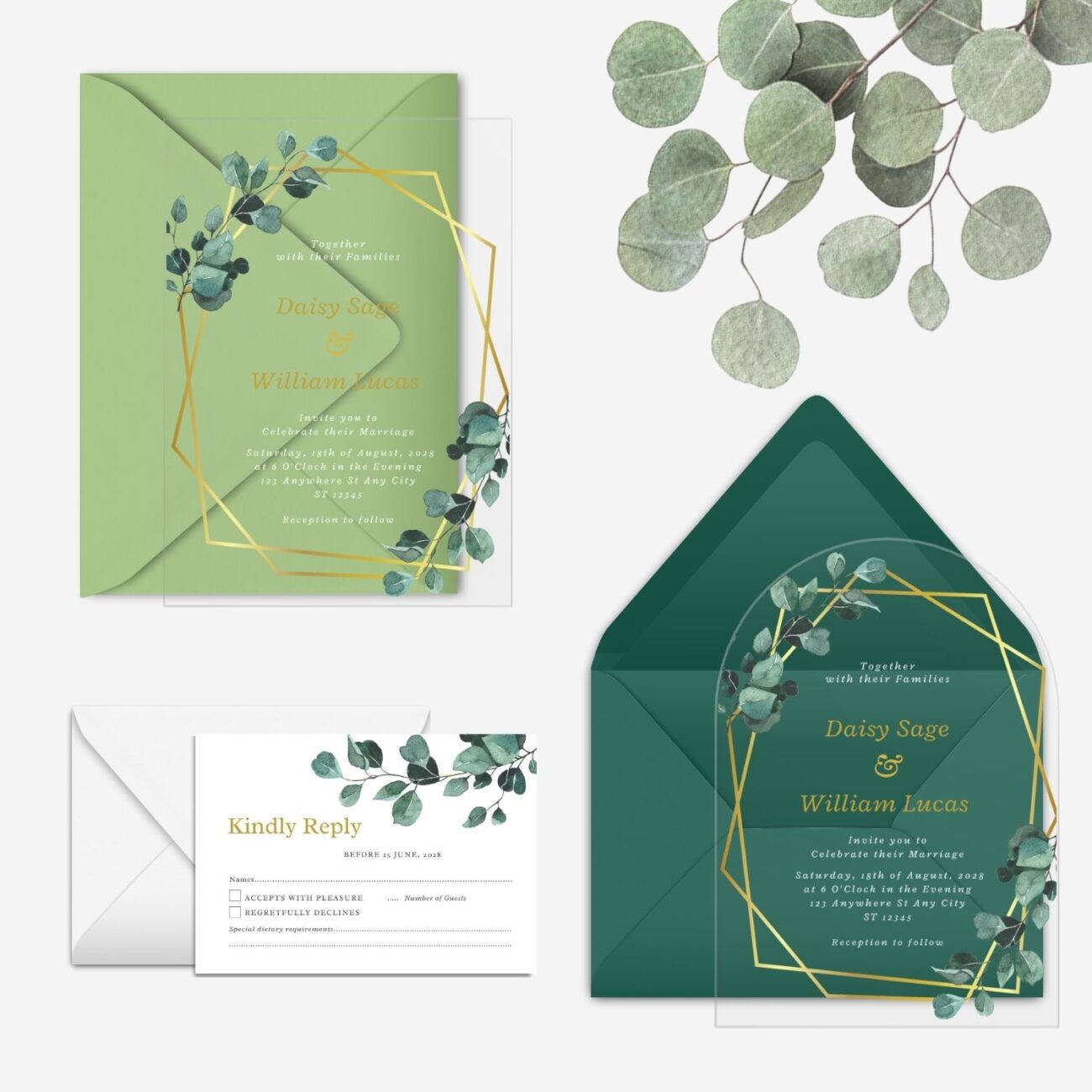 Greenery and Gold Geo Clear Wedding Invitation DSF011