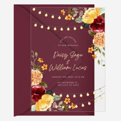 Rustic Burgundy and Yellow Floral and Lights Acrylic Wedding Invitation DSF009-2