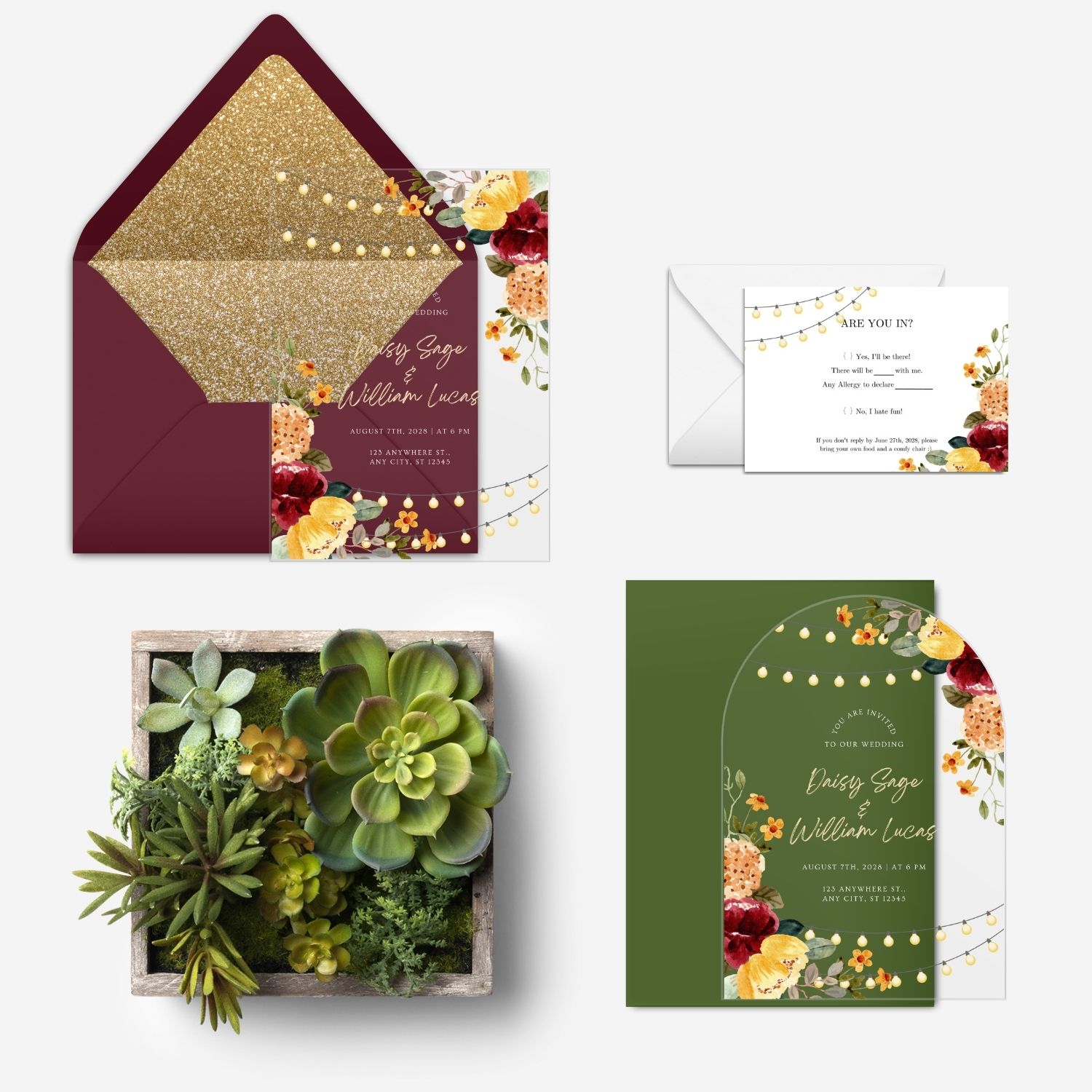 Rustic Burgundy and Yellow Floral and Lights Acrylic Wedding Invitation DSF009