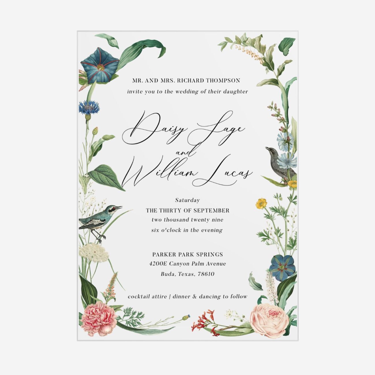 Secret Garden Flowers and Birds Acrylic Wedding Cards DSF033-2