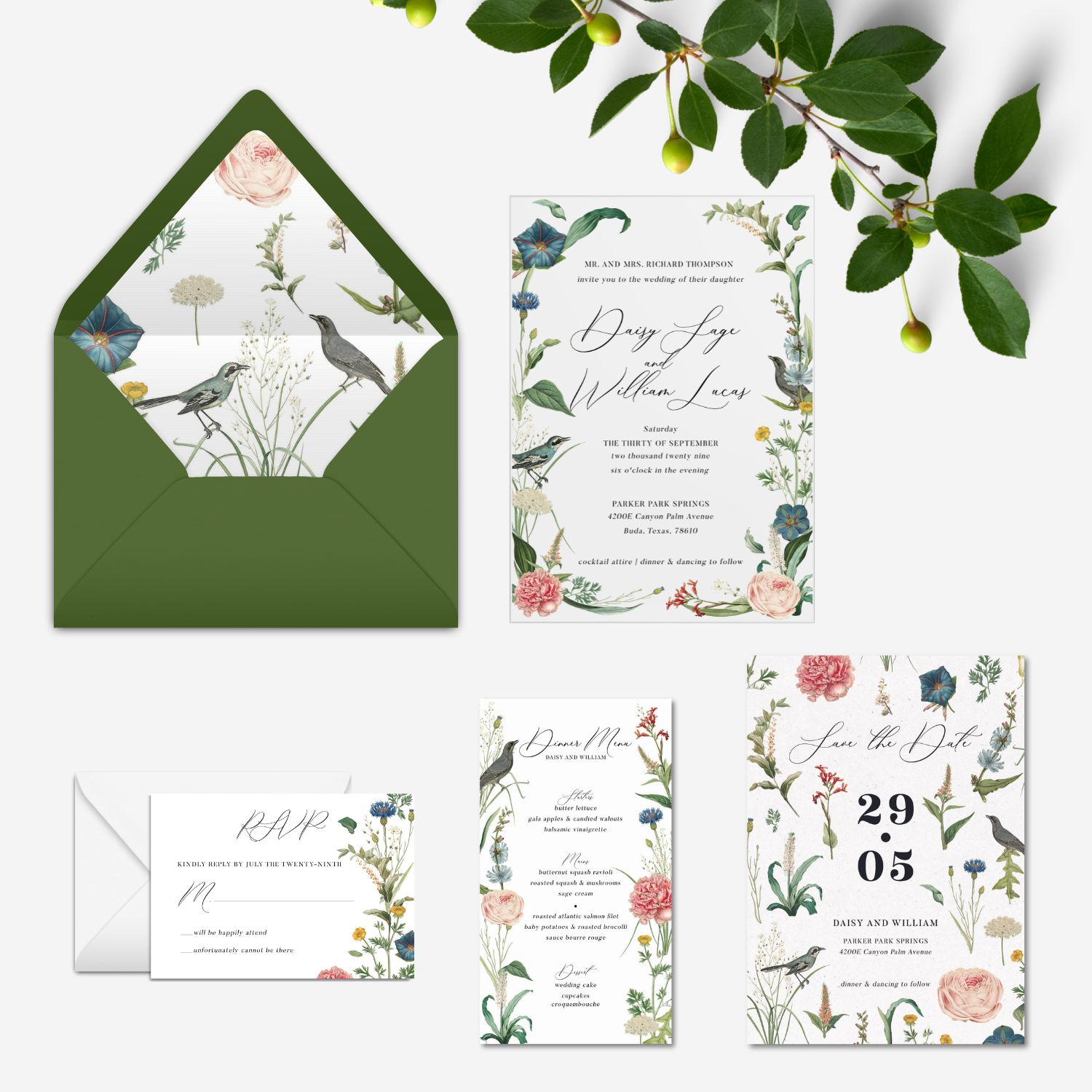 Secret Garden Flowers and Birds Acrylic Wedding Cards DSF033