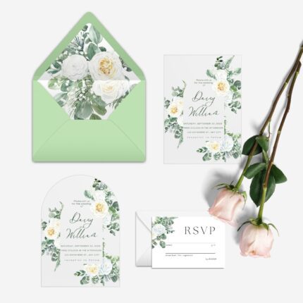 White Roses and Sage Green Leaves Acrylic Wedding Invitation DSF002