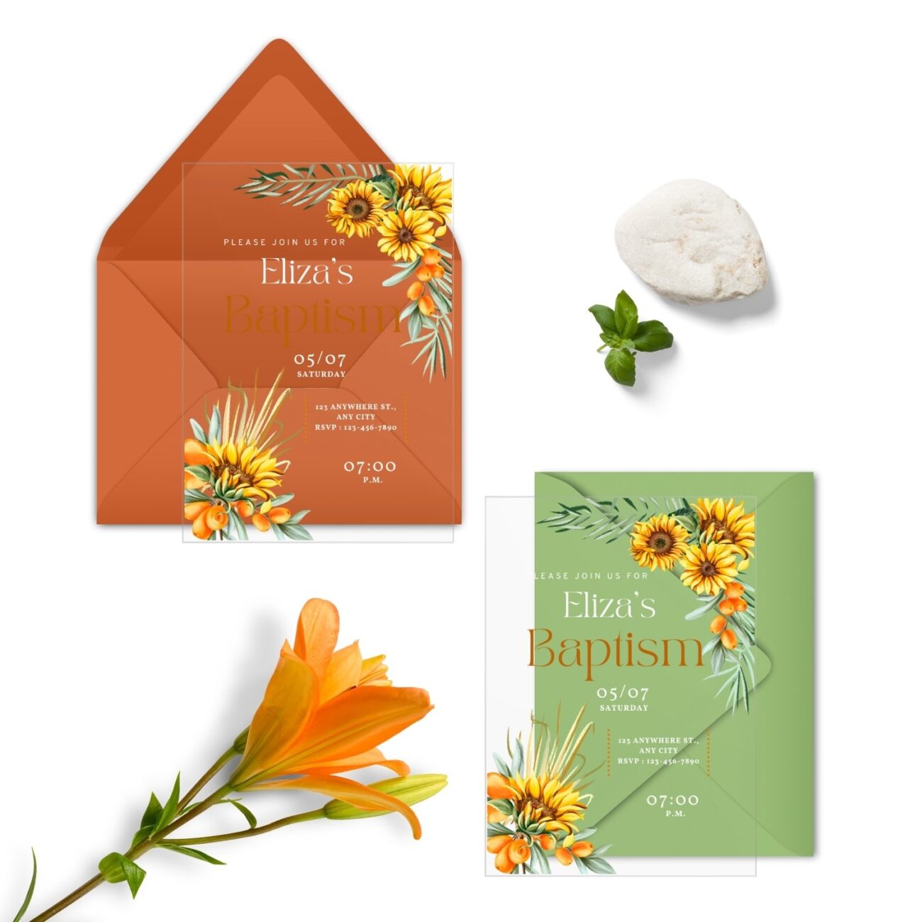 Yellow Watercolor Sunflowers Floral Clear Baptism Invitation DSBA19