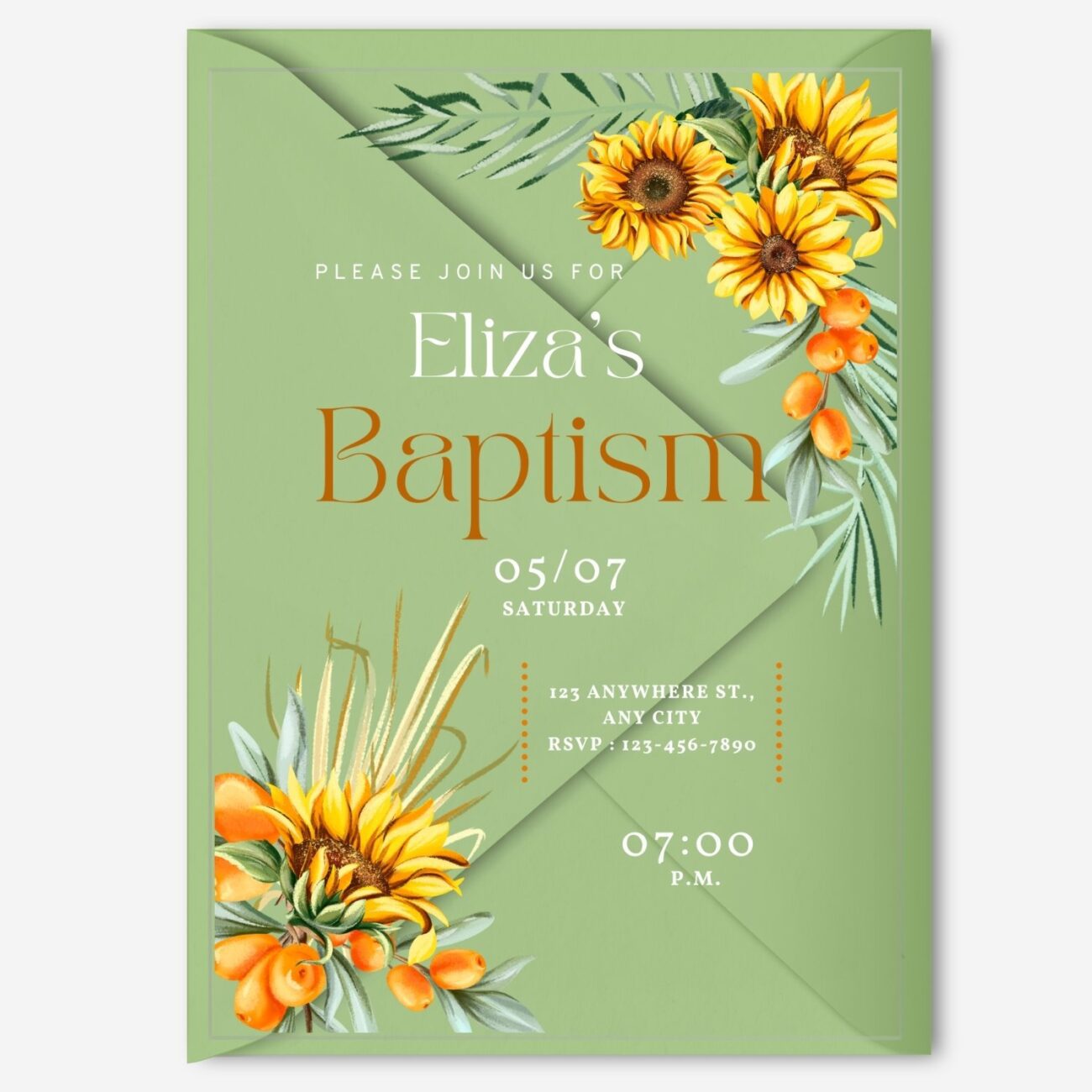 Yellow Watercolor Sunflowers Floral Clear Baptism Invitation DSBA19-2