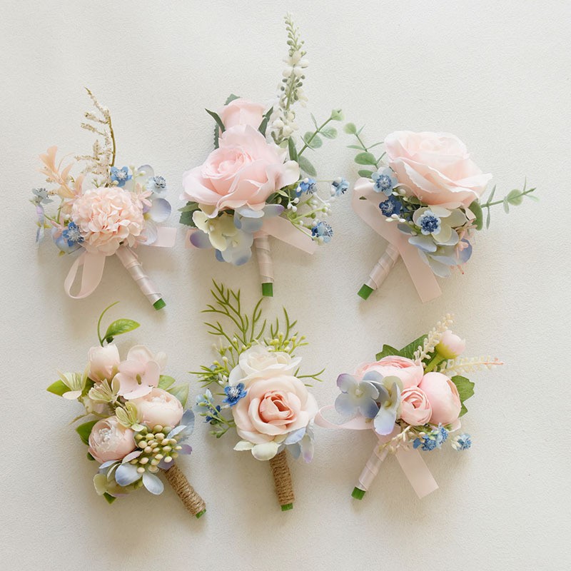 Light Blue and Blush Roses Boutonniere Corsage Set DSCB23